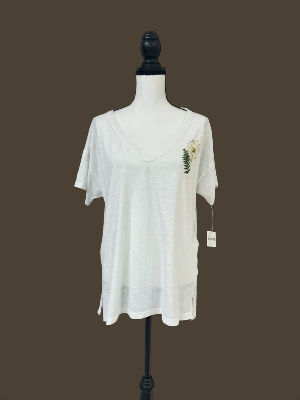 Pilcro White V-Neck Tee with Floral Embroidery